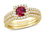 1 1/2 Carat (ctw) Lab-Created Ruby and White Sapphire with Diamond Bridal Wedding Set Engagement Ring Yellow Plated Silver